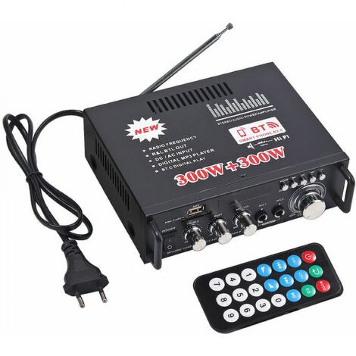 Amplificador de audio estéreo HiFi con entrada para tarjeta SD, radio FM y Bluetooth, 12V/220V, 300W + 300W