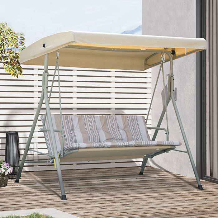 Columpio de jardín de 3 plazas - Outsunny - Toldo grueso con inclinación ajustable, cojines extraíbles - Poliéster, acero con revestimiento epoxi - Marrón claro