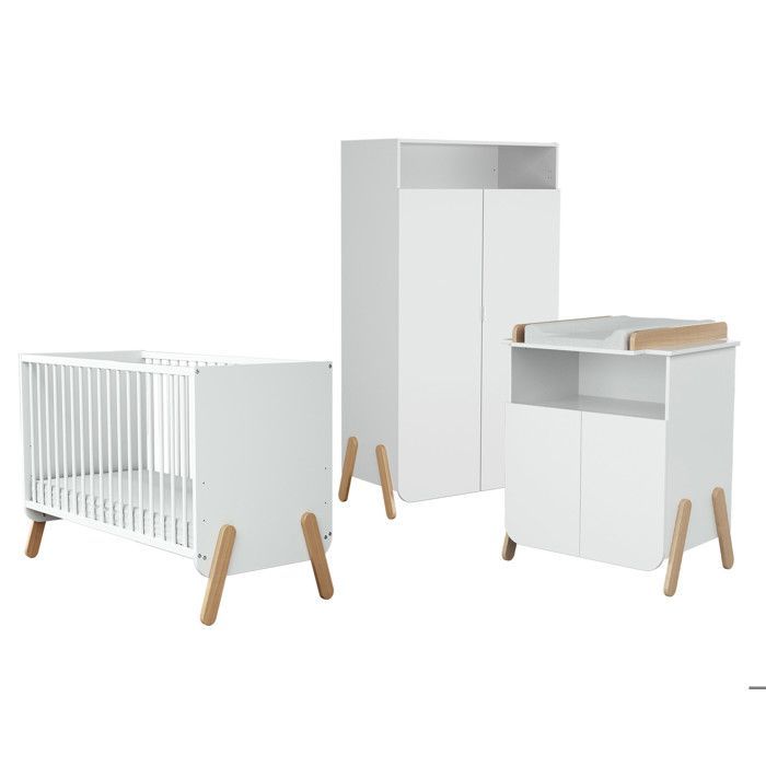 AT4 – Babyzimmer-Set bestehend aus Bett, Wickelkommode und Kleiderschrank, Weiß und lackierte Buche – Einheitsgröße