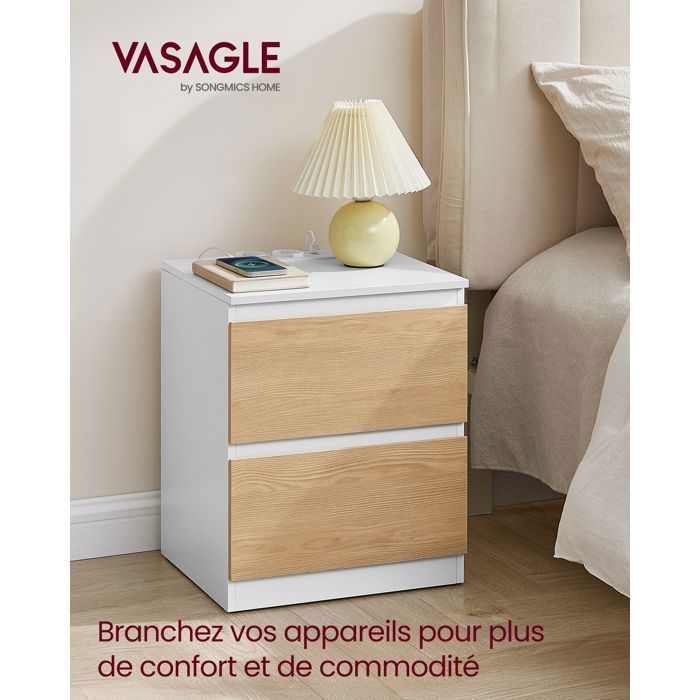 VASAGLE Lot de 2 Table de Chevet avec Multiprise, Table d'Appoint, 2 Tiroirs, 2 Prises CA, 2 Ports USB-A, Moderne, Jaune Amande
