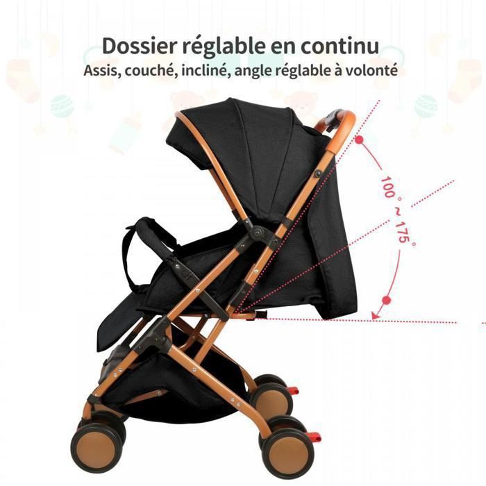 MIPAN. Poussette Légère et Compacte -Pliable Pousette Voyage  - Inclinable - Avec Auvent et Moustiquaire + Harnais 5 points - Noir