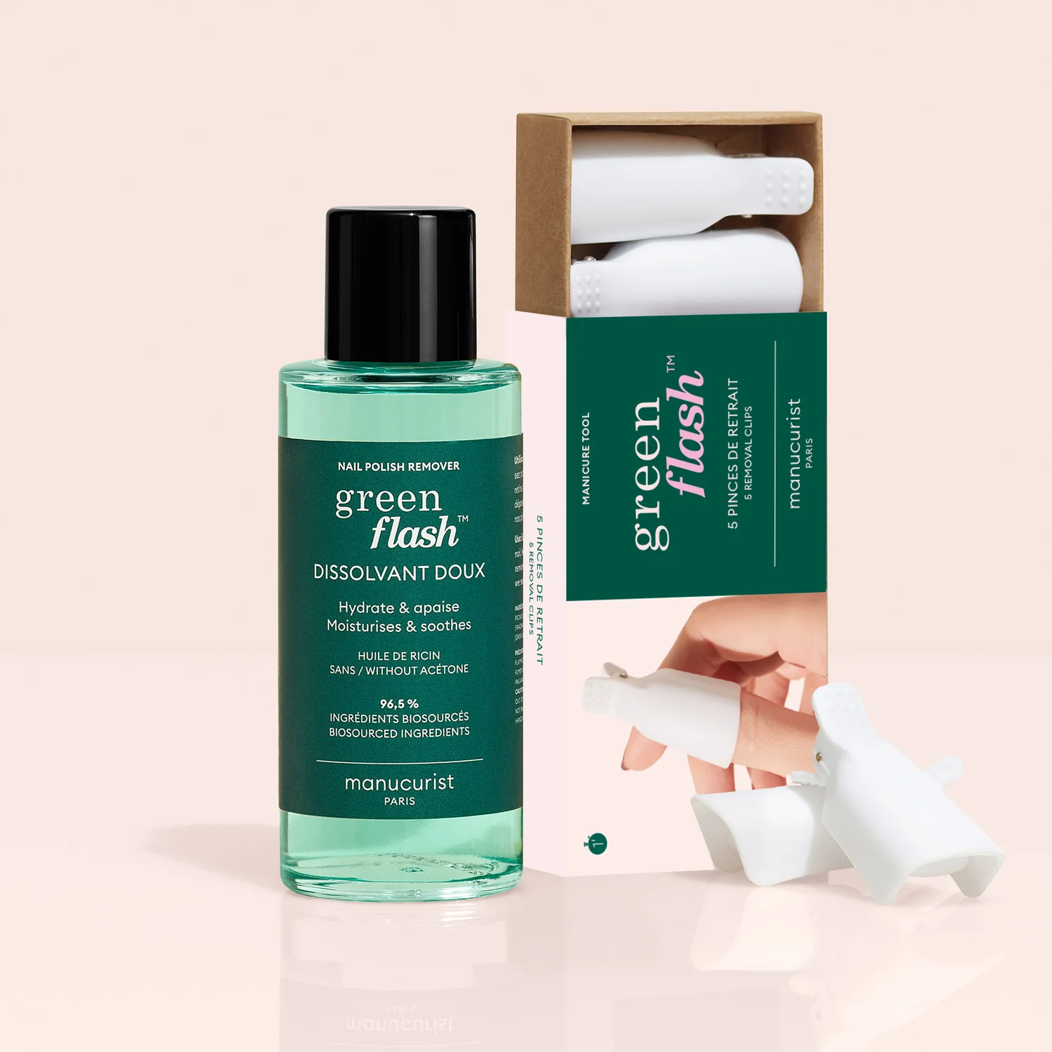 Semi-permanent LED Green Flash™ - 100 ml Duo Dissolvant Doux Green Flash™ & Pinces de retrait