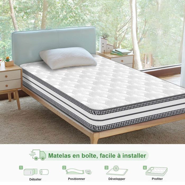 Colchón de 90 x 200 cm - 28 cm de grosor, colchón de muelles Premium, certificado OEKO-TEX®, doble cara, firmeza media (H3), 7 zonas, hipoalergénico.