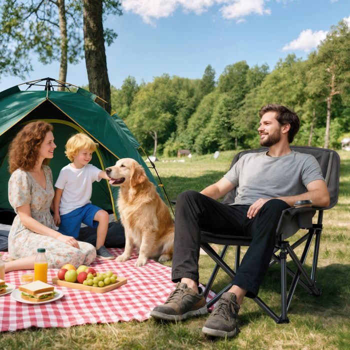 Campingstoel - Outsunny - draagbaar en opvouwbaar - zijvakken, bekerhouders en draagtas - zwart