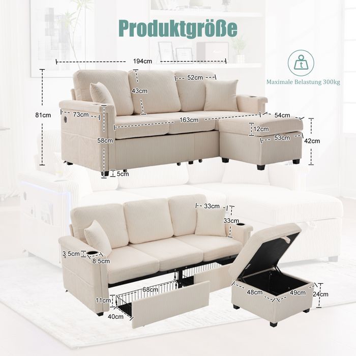 Modular 3-Seater Sofa with LED Lighting, 2 Storage Drawers, Storage Ottoman and Cup Holder - Corduroy - Beige