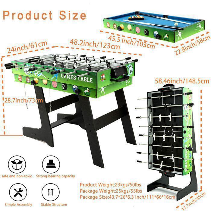 4ft Folding Games Table - 4 in 1 Kids Games Table - Foosball-Billiards-Table Tennis-Hockey - Interactive Parent-Child Games