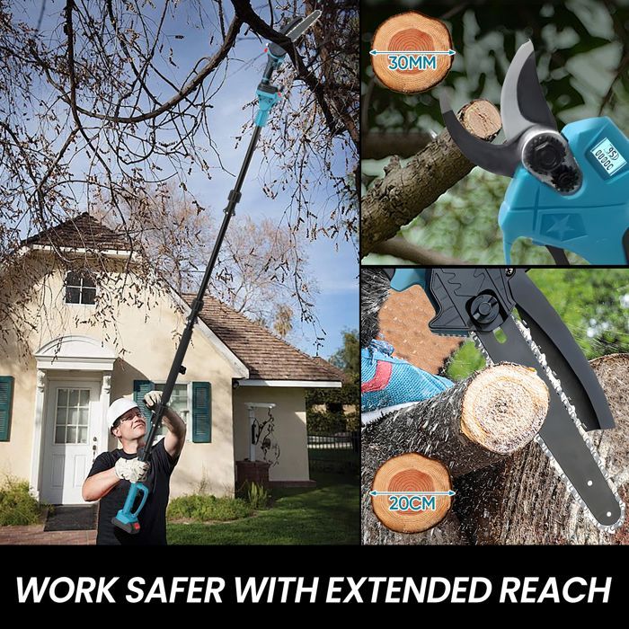 Mini Tronconneuse 8 Pouces avec Perche 2m & Secateur Electrique 30 mm coupe, 3-en-1 Ensemble d’Outils de Jardin avec 2 Batteries