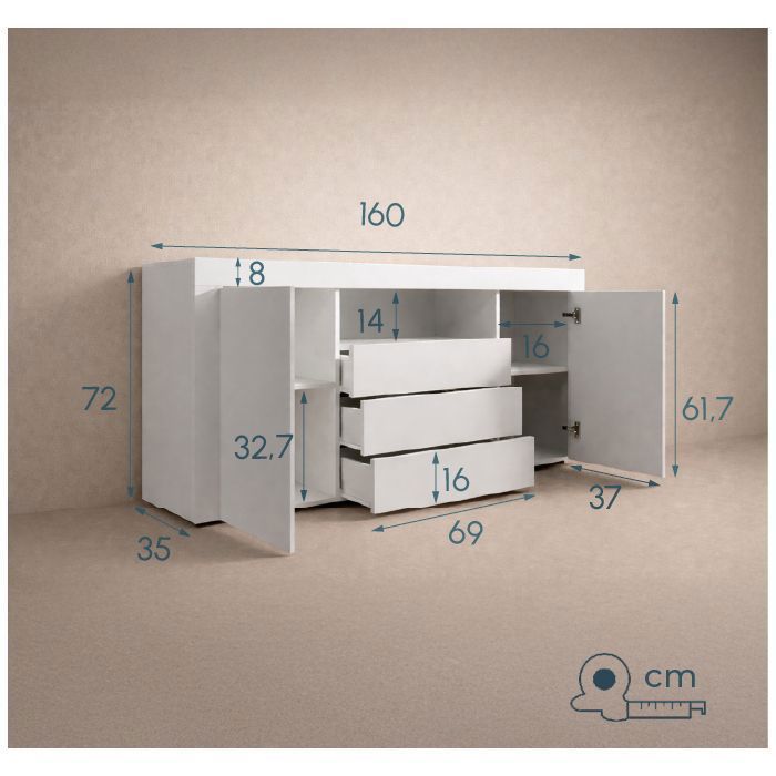 Buffet Bahut de Salon YANIS - 160 cm - 2 Portes et 3 Tiroirs - Enfilade Blanc Mat - Style Scandinave Moderne - Designameublement
