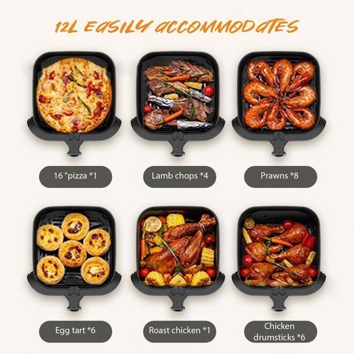 Freidora de aire sin aceite de 12 litros, 2800 W con ventana transparente, pantalla táctil LED para patatas fritas, carne y pescado, color negro.