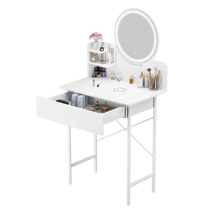 Tocador con espejo LED, mesa de maquillaje moderna blanca, 1 cajón, con 2 estantes abiertos, taburete no incluido.