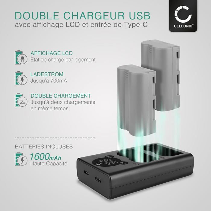 Set di 2 batterie da 1600 mAh e caricabatterie doppio compatibile con Nikon D700 D70s D80 D90 D900 D100 D200 D300 D300S D50 D70 - Batterie ricaricabili