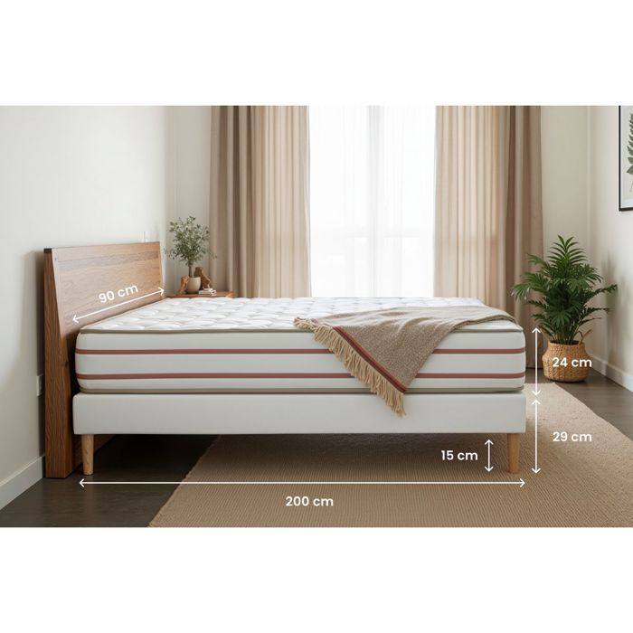 Ensemble LE DOUX 90x200cm Mémoire de forme 3 zones de confort - Ep. 24cm + sommier Blanc