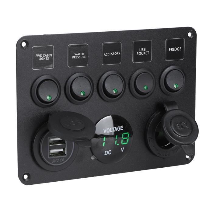 Panneau d'Interrupteurs à Bascule à 5 Gang LED avec Voltmètre Numérique Universel pour Bateau à Moteur moto commutateur Rouge Vert