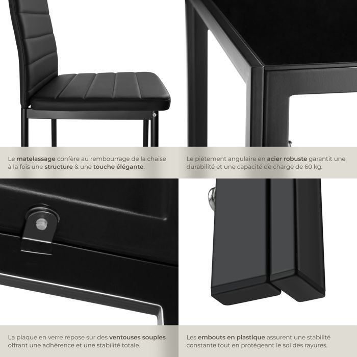 Mesa de comedor con sillas - TECTAKE - BERLIN. Conjunto de comedor con 4 sillas tapizadas en piel sintética - Negro.