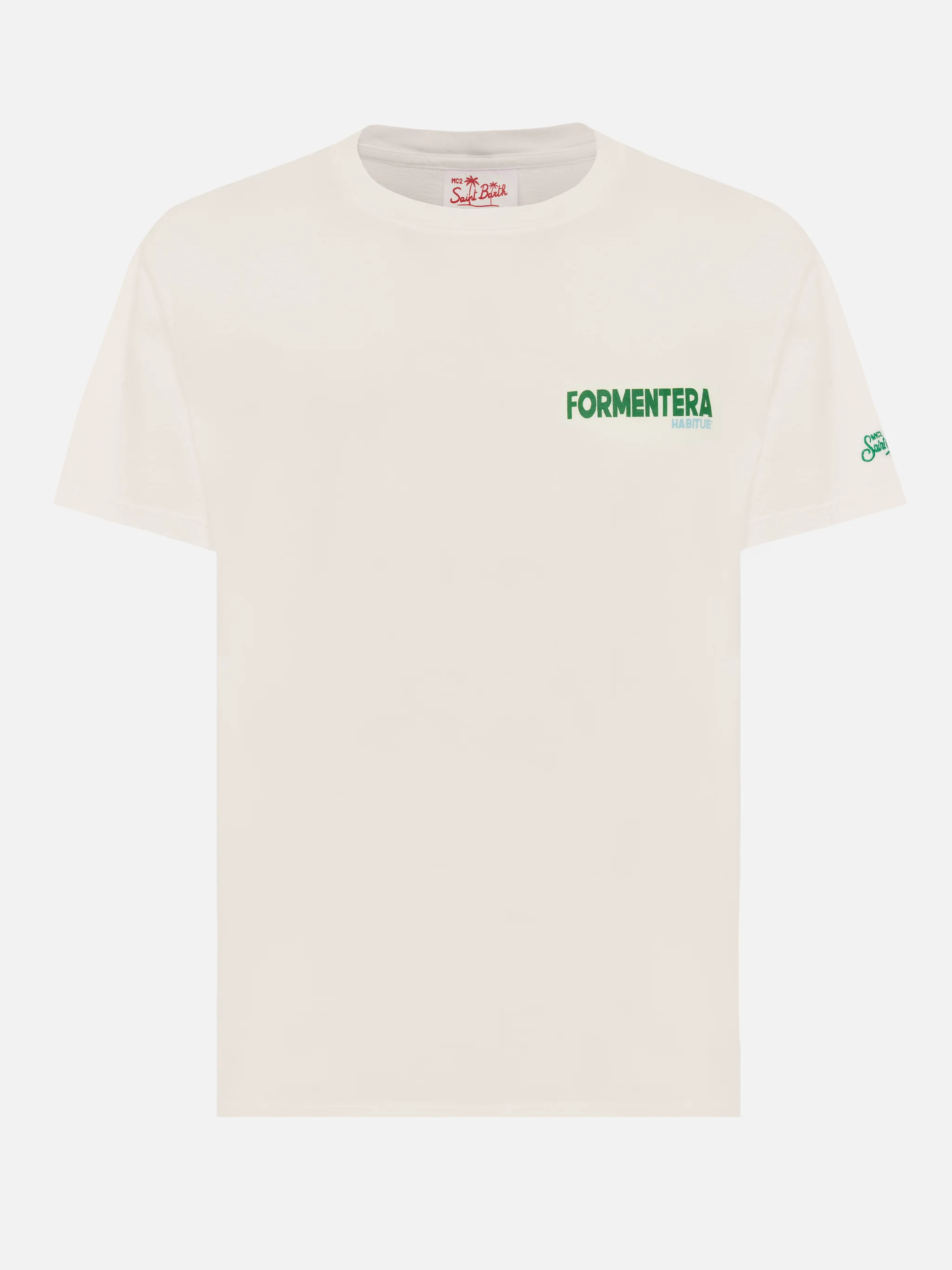 T-shirt voor heren van biologisch katoen met een ansichtkaartprint van Formentera.