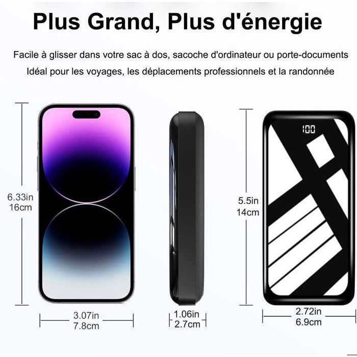 BYONDSELF® External Battery, 20000 mAh, with LED light, Battery Level Display, 14x6.9x2.7cm, Black