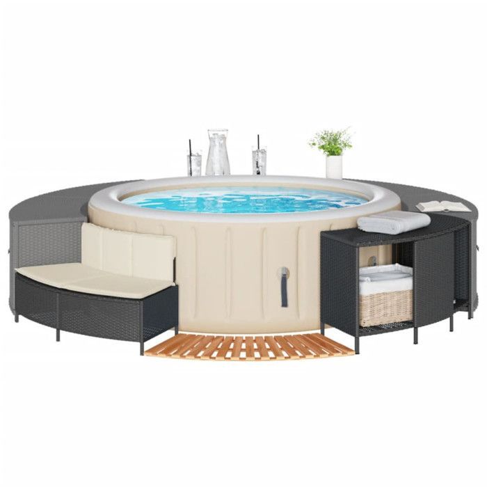 Estructura de mimbre de resina negra para jacuzzi, madera maciza de acacia.