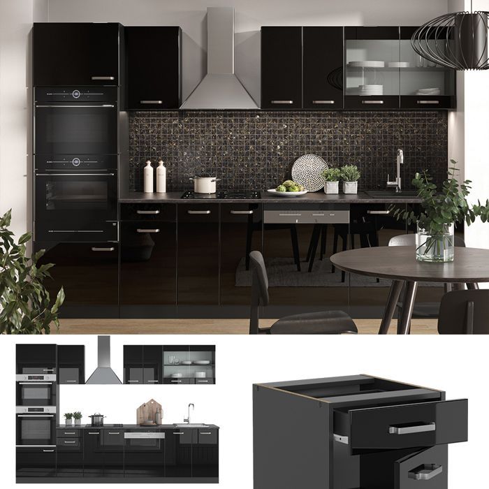 Vicco R-Line 300cm keuken met hoge kast, zonder PT Zwart Hoogglans Antraciet 40962