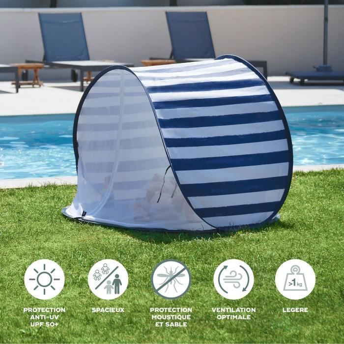 Tenda Babymoov con protezione UV SPF 50+ a righe e zanzariera integrata.