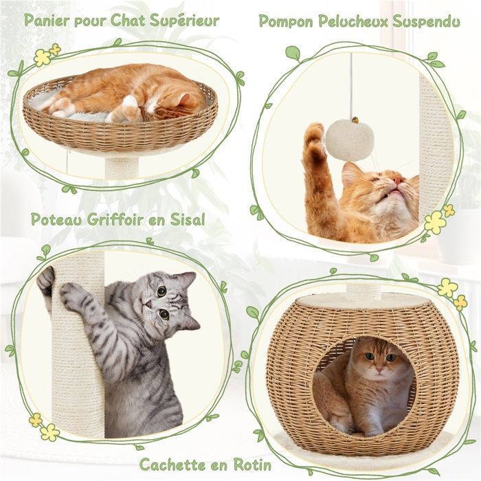 Árbol rascador de ratán para gatos YAHEETECH - Diseño moderno con escondite y poste rascador de sisal - 75 cm