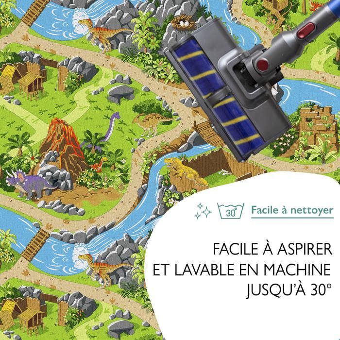 Alfombra de juegos infantil de 95x133cm, diseño de dinosaurios y pista de coches - Lavable - Antideslizante - Carpet Studio