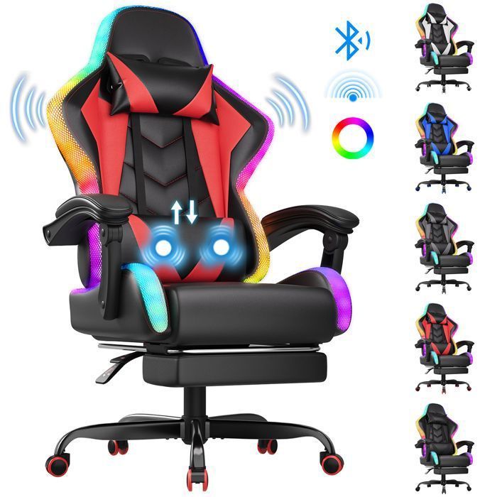 Sedia da gaming ergonomica con LED RGB, massaggio lombare e poggiapiedi – Sedia da gaming con poggiatesta regolabile – 180 kg, rossa