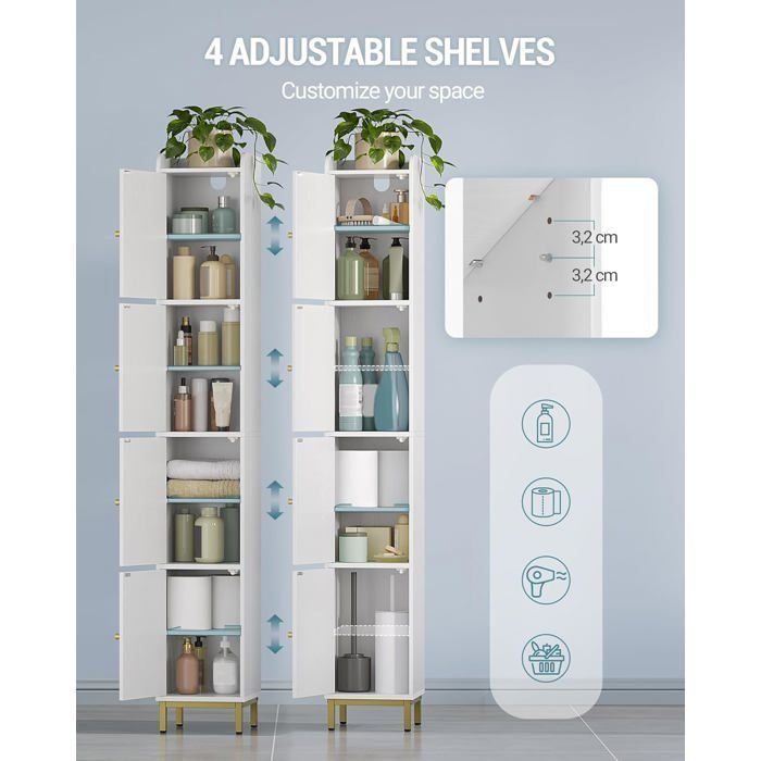 Mueble columna para baño, unidad de almacenamiento con 4 puertas, armario de baño, estantes ajustables, 26 x 28 x 180 cm, blanco