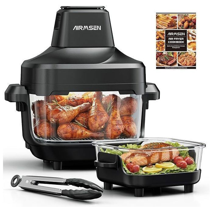 Freidora de aire AIRMSEN de 1500 W con vaso de cristal de 5,7 L (4,5 L + 1,2 L), cocción visible, cocina saludable, 4 programas, patatas fritas, pollo, color negro.