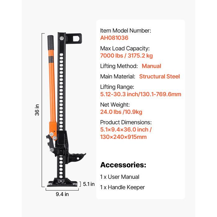 Gato todoterreno VEVOR 4x4 - Capacidad de carga de 3,18 toneladas - Gato de trinquete de 91,5 cm - Elevador de alta altura con rango de elevación de 13 a 77 cm