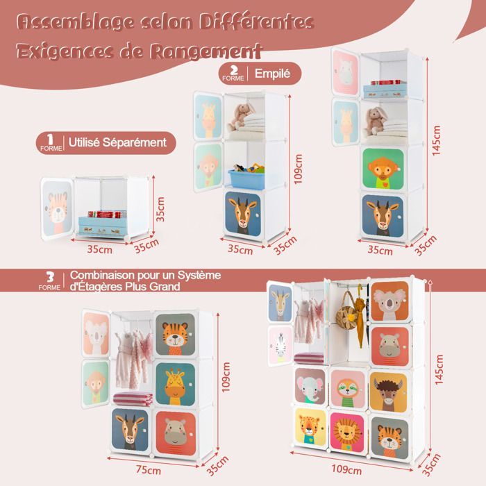 Armario infantil GOPLUS, estantería modular con 12 cubos, puertas, 2 barras para colgar ropa, para