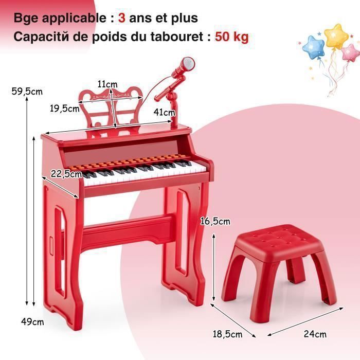 Elektroninen piano lapsille 3-vuotiaille, 37 kosketinta jakkaralla, 50 kg:n painokapasiteetti, COSTWAY säädettävä mikrofoni, irrotettava nuottiteline, lepotila - punainen