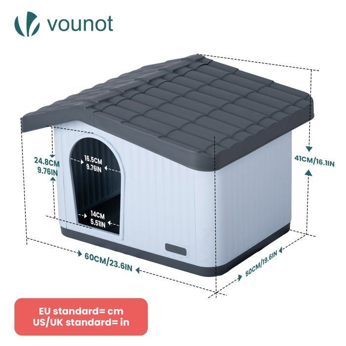 Caseta/perrera impermeable de plástico VOUNOT® para gatos y perros, 60x51x41cm - Techo inclinado desmontable - Apta para uso interior y exterior - Blanca