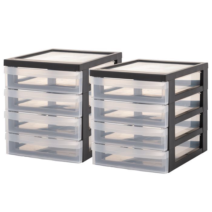 Iris Ohyama, A5 Plastic Desk Storage Tower, 4 Small Drawers, Set of 2, Black, DC-A5