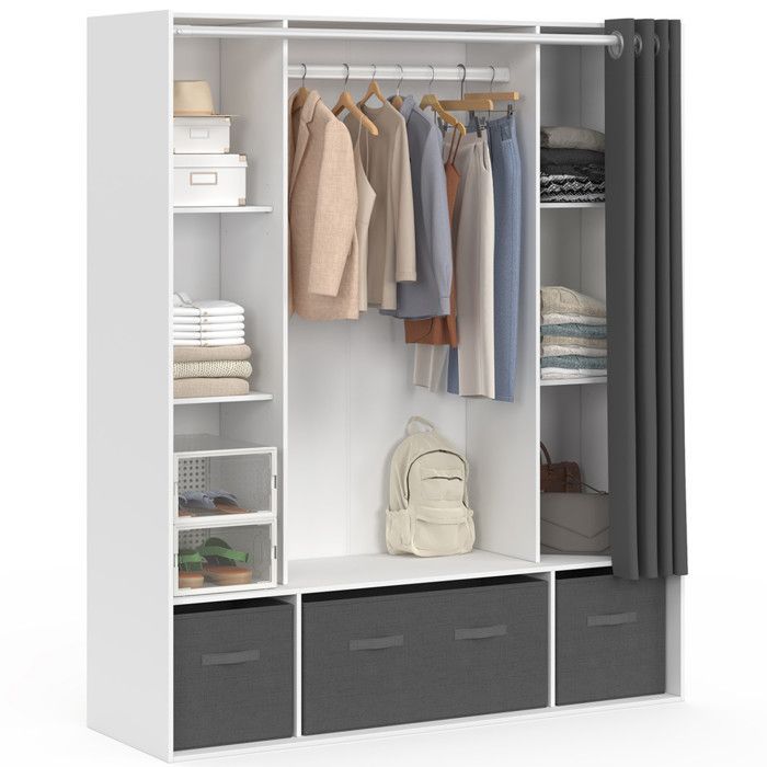 IDMARKET Dressing double penderie DIANE 140 x 45 x 167 cm blanc avec étagères + boites de rangement + rideau gris