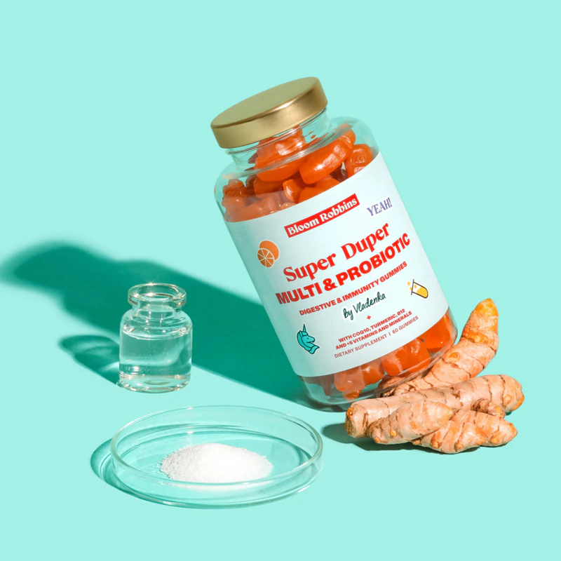 Bloom Robbins Super Duper MULTI & PROBIOTIC voedingssupplement in de vorm van kauwtabletten voor een betere spijsvertering