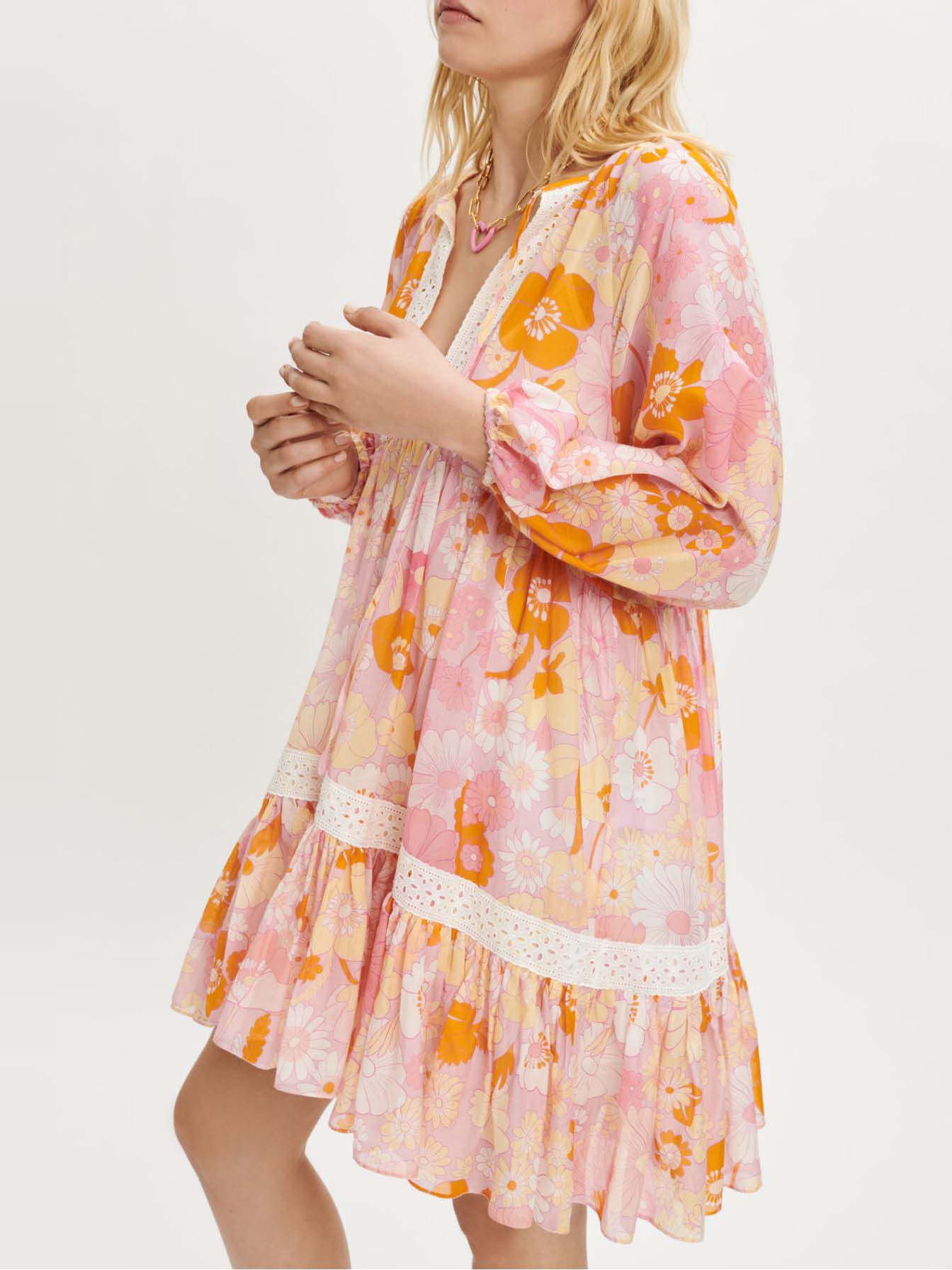 Rochie transparentă din bumbac și mătase imprimată - Flower power rose