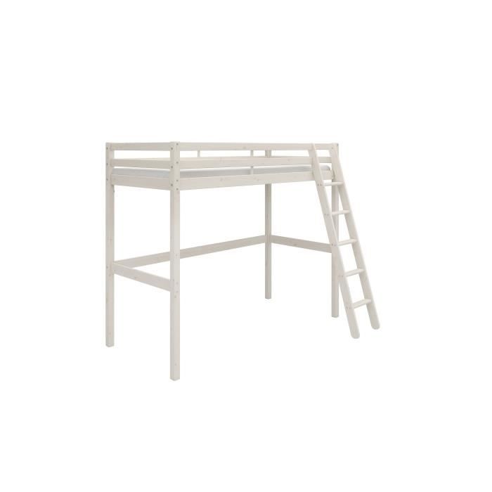 Lit mezzanine enfant - ERIKA - Pin massif blanchi - Sommier inclus - 90 x 190 cm
