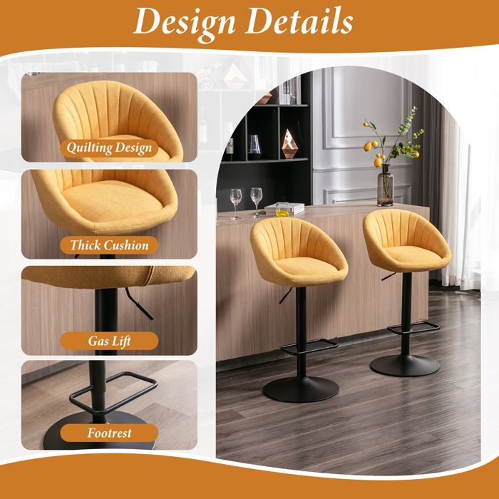 Wahson Tabouret de Bar Lot de 2 Chaise Bar Haute en Tissu avec Repose-Pieds Tabourets Hauts pour Bar-Cuisine (Jaune)
