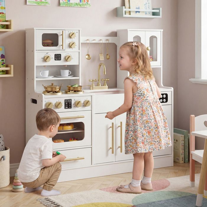 Cocina infantil de madera COSTWAY para mayores de 3 años, 12 accesorios, luces y sonidos, con heladera, microondas, cafetera, color blanco.
