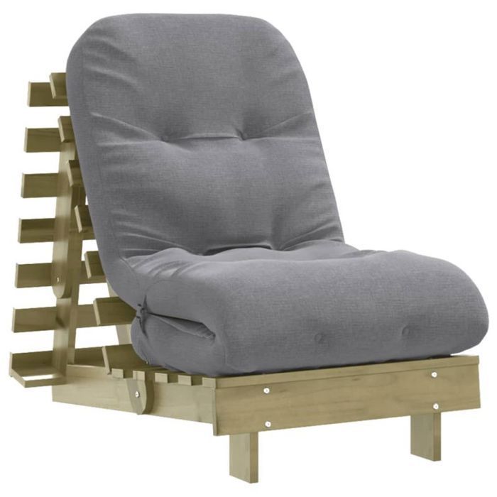 Sofá cama individual futón de pino macizo con colchón gris de 60x200x8 cm - respaldo reclinable