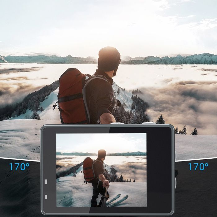 Cámara deportiva 5K a 30 FPS con doble pantalla táctil, 24 MP, resistente al agua hasta 30 m (EIS), pantalla LCD gran angular de 170° con tarjeta de memoria de 64 GB