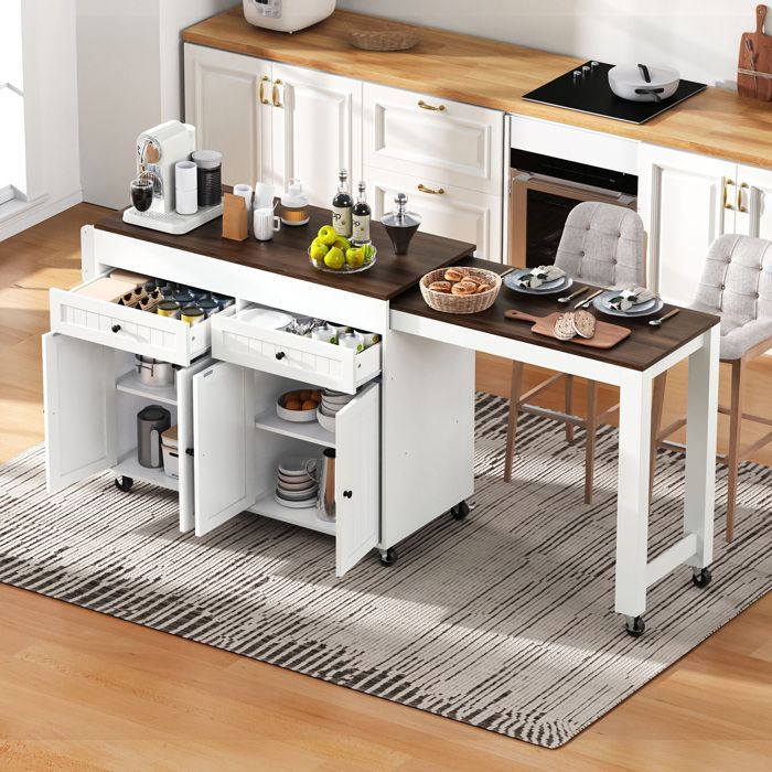 Luscriate - Îlot central de cuisine sur roulettes, espace repas extensible, plan de travail et tiroirs, mobile - Blanc et Noyer