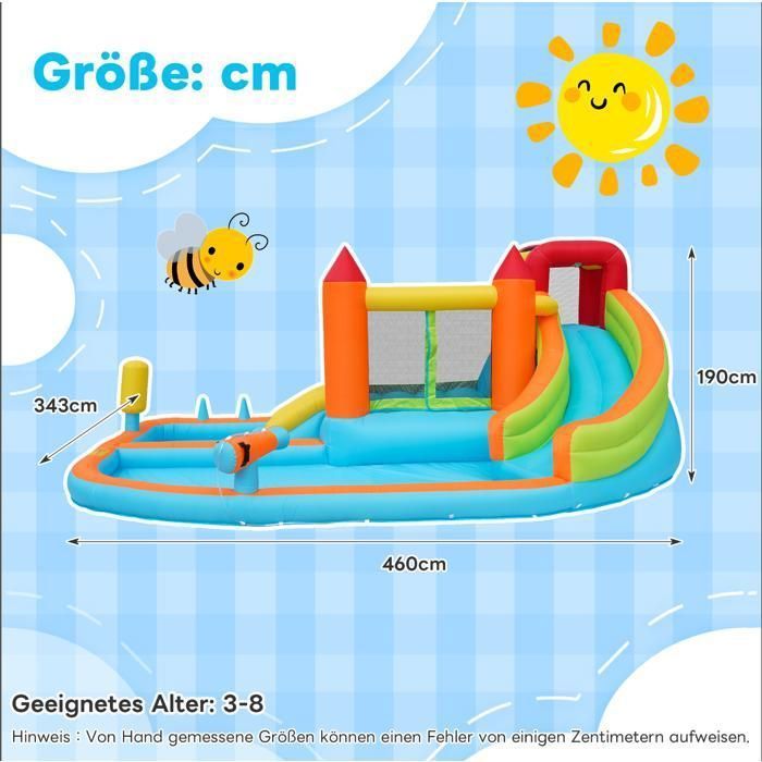 Luscriate - Inflatable castle with slide + trampoline + basketball hoop + water gun, 2 pools (dry and wet), blower - Multicoloured