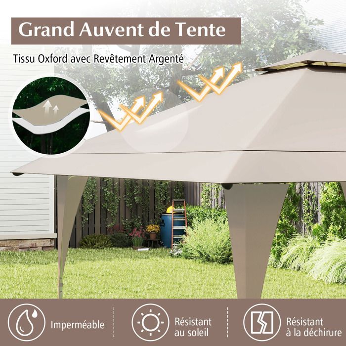 Tonnelle de Jardin Pop-up Toit Aéré 395X395CM-COSTWAY-3 Hauteurs Réglables -Tente Réception pour Fête BBQ- Sac de Transport Kaki