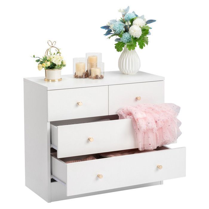 Cómoda de 4 cajones con tirador - ALIGHTUP - Muebles de dormitorio, 66 x 33 x 56 cm, Blanco