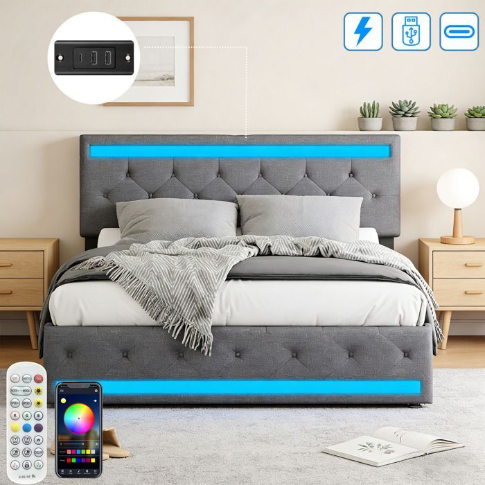 Letto imbottito 180x200 cm, letto matrimoniale con 4 cassetti contenitore, letto per adulti con porta USB e illuminazione a LED, biancheria da letto inclusa, materasso non incluso.