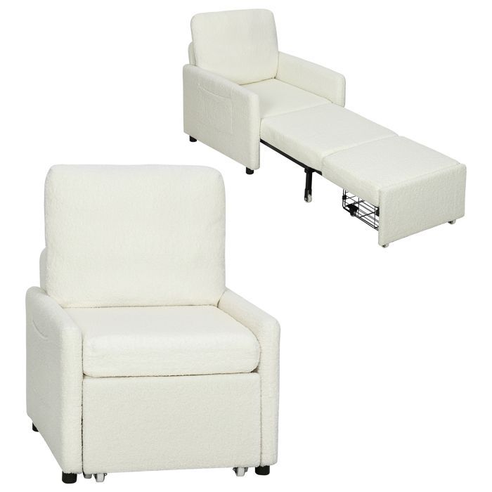 Sillón convertible - HOMCOM - almacenamiento oculto, asiento ancho acolchado - tejido polar Teddy - 72 x 85,5 x 91 cm - color crema