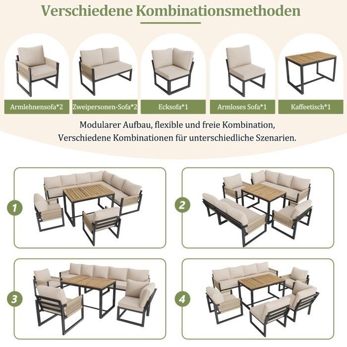 Conjunto de muebles de jardín para exteriores - LANGTU - Modular de 8 plazas - Cojines de 8 cm - Tejido de cuerda - Mesa de 95x63x65 cm