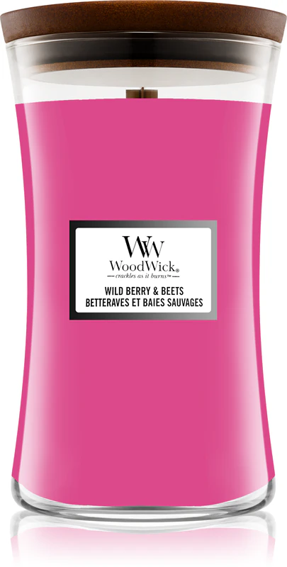 Vela perfumada Woodwick com aroma de frutos silvestres e beterraba, com pavio de madeira.