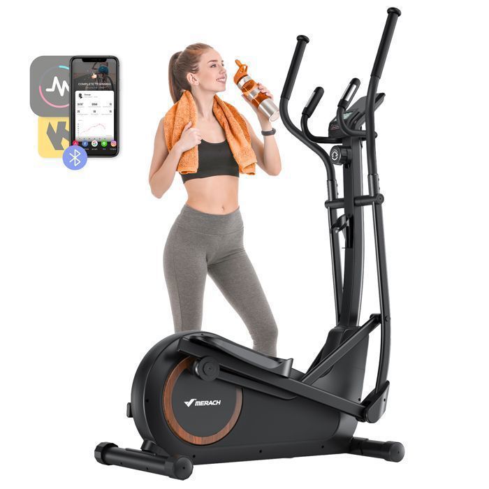 Vélo elliptique magnétique MERACH, 16 niveaux, foulée 42 cm, 150 kg max, écran LCD, capteur cardio, support tablette & gourde